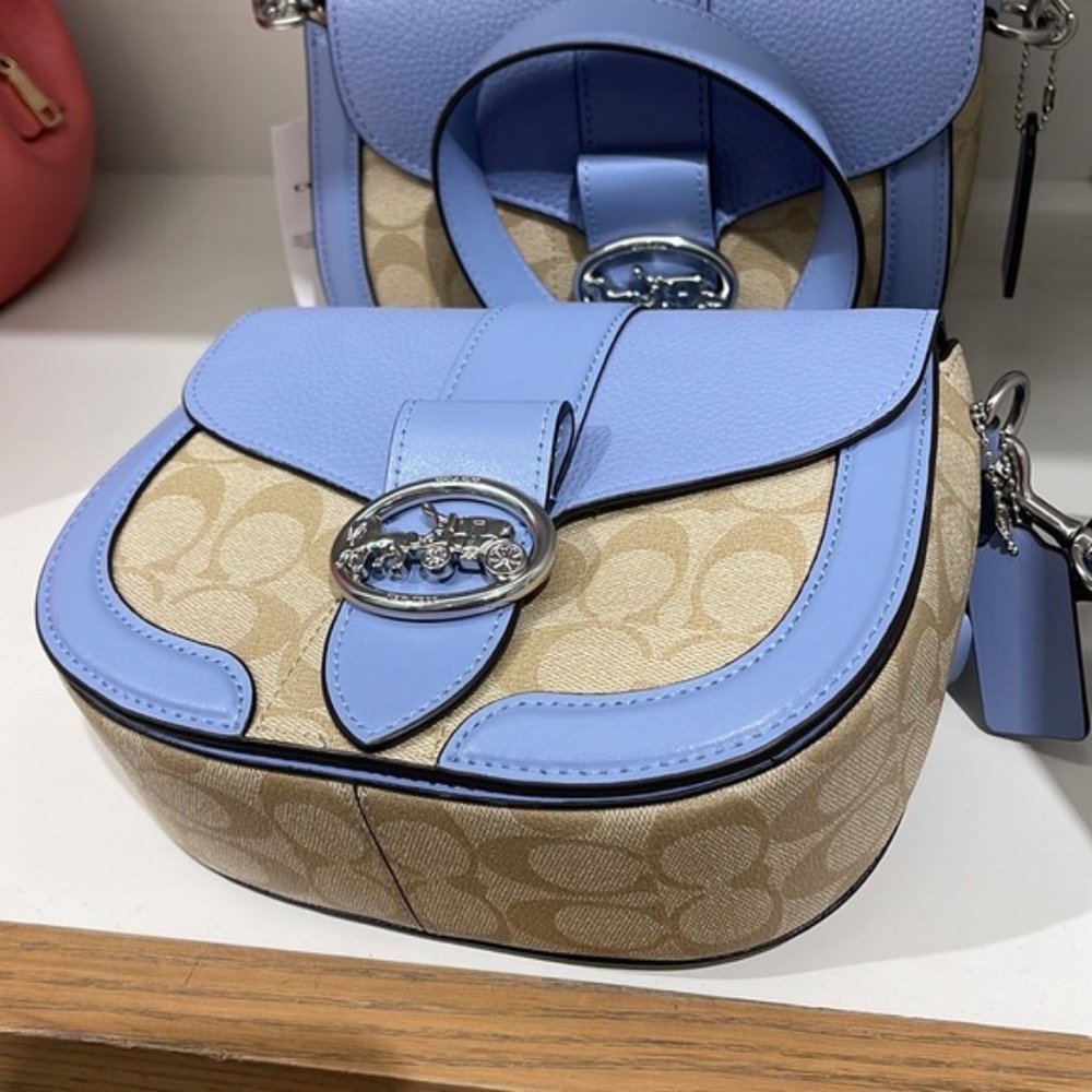 Coach Georgie Saddle Bag In Signature Canvas Light Khaki / Marble Blue - Picture 12 of 16